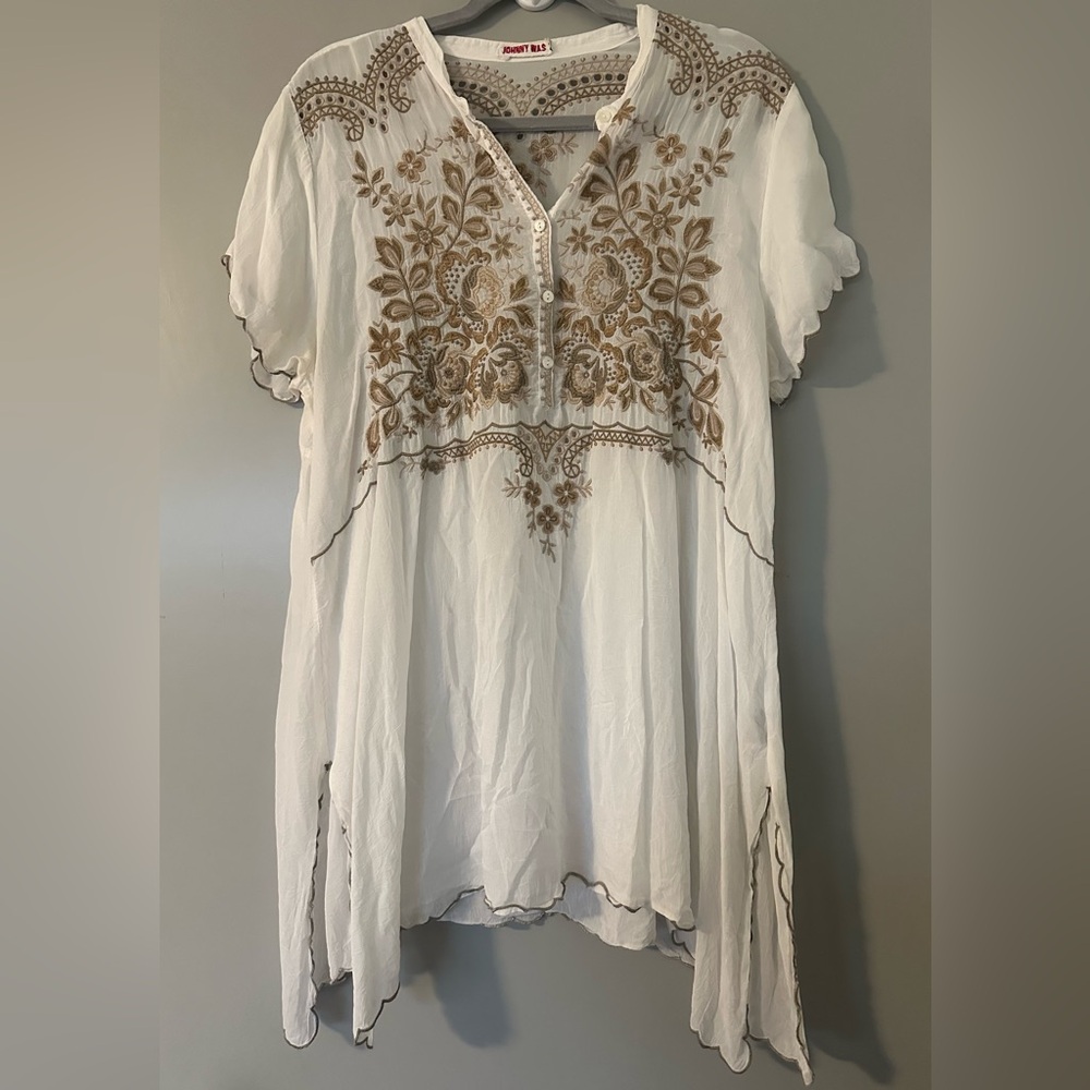 Johnny Was White Blouse with Brown Embroidery